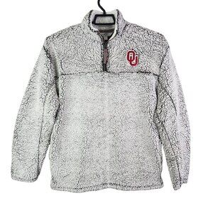 Womens Gray Three Square Faux Fur Sherpa Pullover Jacket 1/4 Zip OU Sooners L